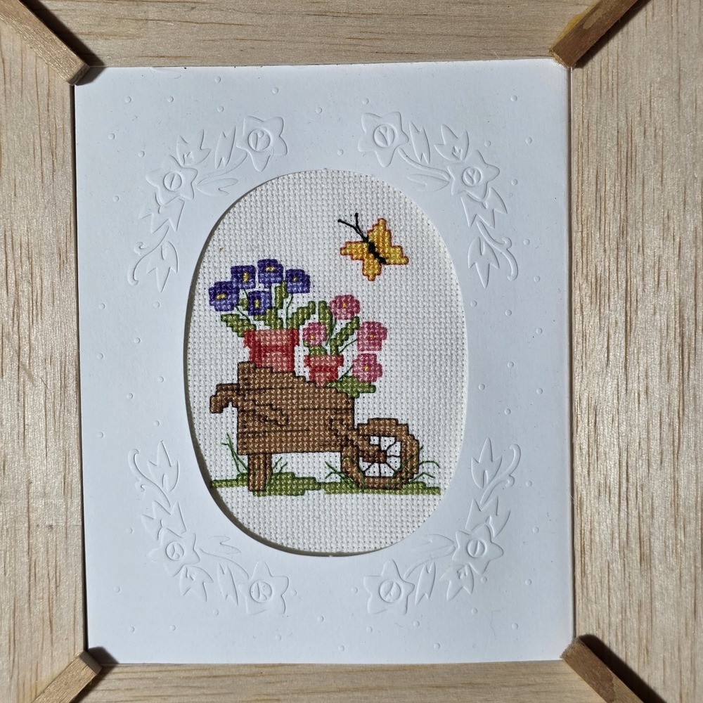 Vintage Cross Stitch Wheelbarrow Flower Harvest And Wooden Frame